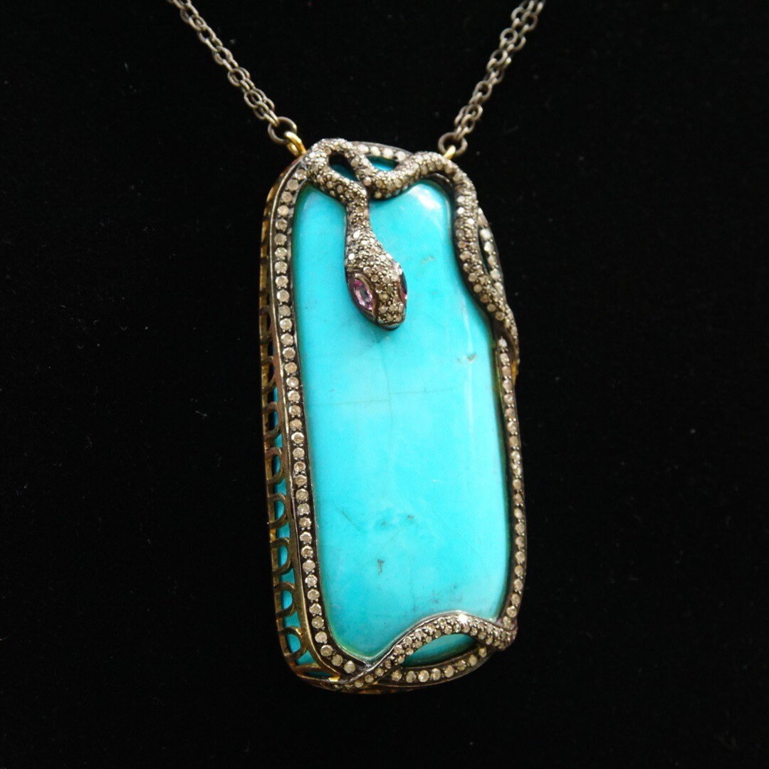 Vintage 18K Gold & Sterling Silver Turquoise Snake Pendant Necklace, Diamond Encrusted Snake, Huge Turquoise Stone, 2-Strand Chain, 21.25" L