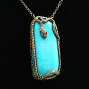 Vintage 18K Gold & Sterling Silver Turquoise Snake Pendant Necklace, Diamond Encrusted Snake, Huge Turquoise Stone, 2-Strand Chain, 21.25" L