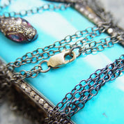 Vintage 18K Gold & Sterling Silver Turquoise Snake Pendant Necklace, Diamond Encrusted Snake, Huge Turquoise Stone, 2-Strand Chain, 21.25" L