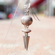 Vintage Modernist Silver Ball & Hematite Spike Earrings, Silver Disco Balls, Reflective Gemstones, Unique Dangle Earrings, 2 3/4 Long