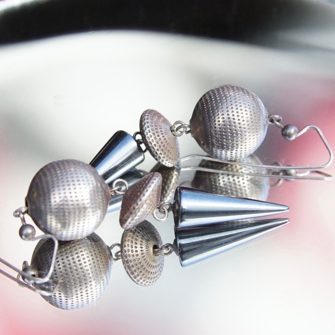 Vintage Modernist Silver Ball & Hematite Spike Earrings, Silver Disco Balls, Reflective Gemstones, Unique Dangle Earrings, 2 3/4 Long
