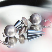 Vintage Modernist Silver Ball & Hematite Spike Earrings, Silver Disco Balls, Reflective Gemstones, Unique Dangle Earrings, 2 3/4 Long