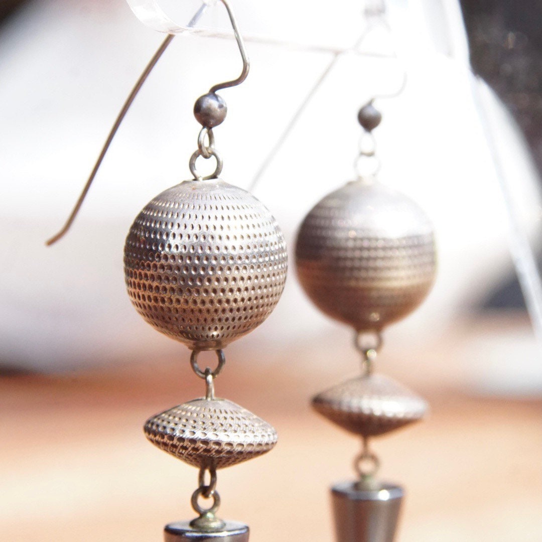 Vintage Modernist Silver Ball & Hematite Spike Earrings, Silver Disco Balls, Reflective Gemstones, Unique Dangle Earrings, 2 3/4 Long