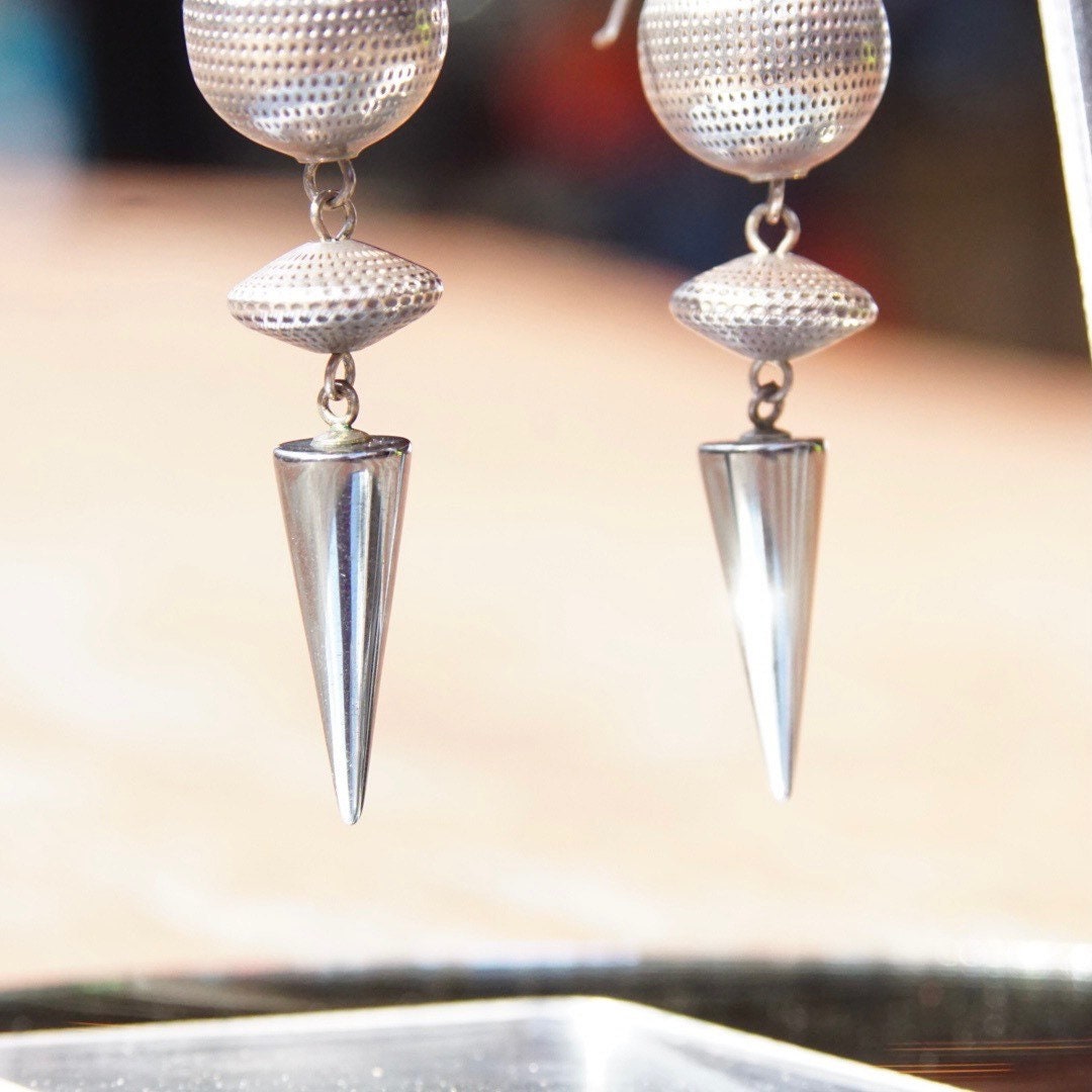 Vintage Modernist Silver Ball & Hematite Spike Earrings, Silver Disco Balls, Reflective Gemstones, Unique Dangle Earrings, 2 3/4 Long