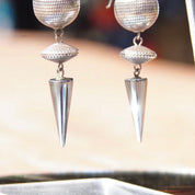 Vintage Modernist Silver Ball & Hematite Spike Earrings, Silver Disco Balls, Reflective Gemstones, Unique Dangle Earrings, 2 3/4 Long