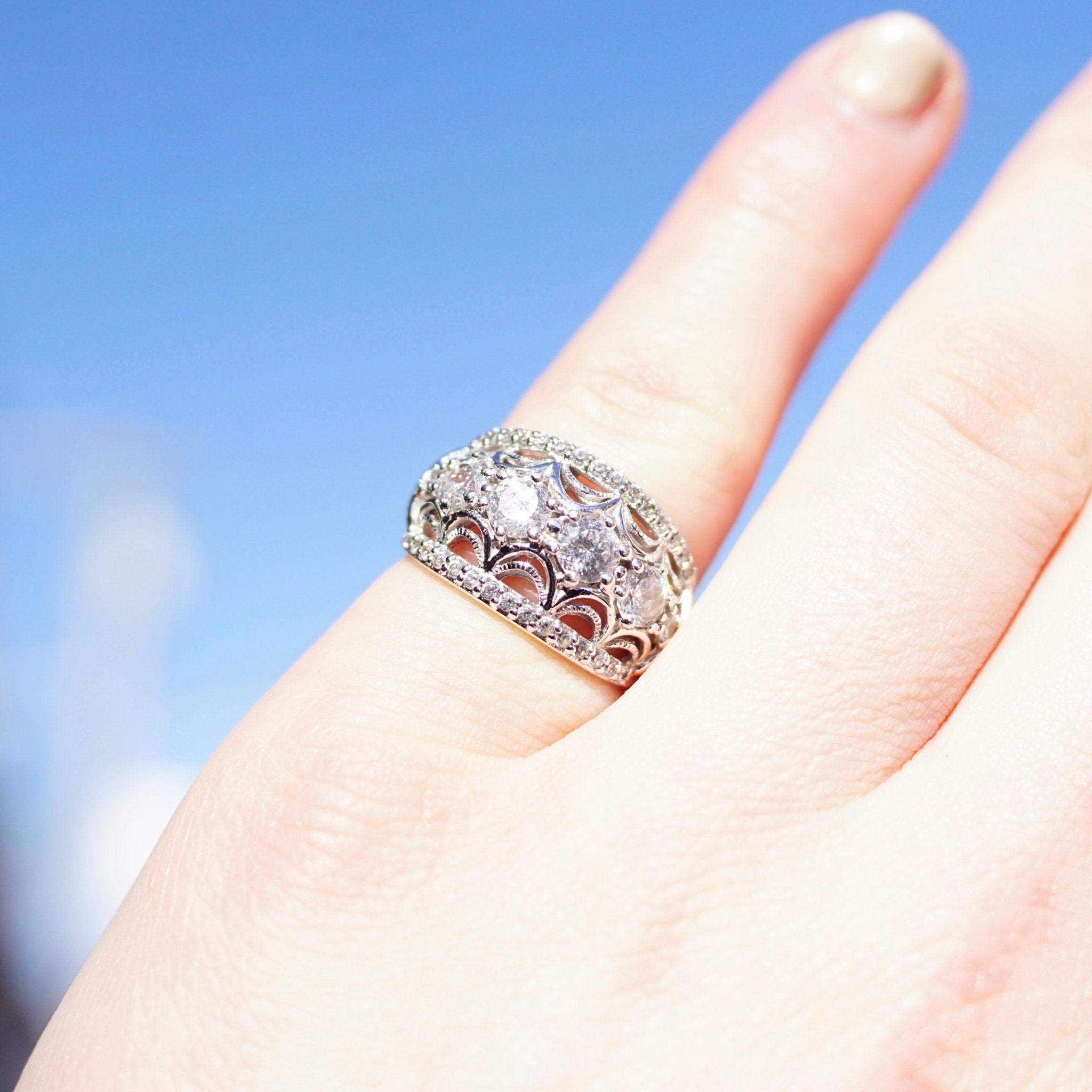 Vintage Tacori IV Sterling Silver & Cubic Zirconium Dome Ring, Silver Filigree Ring With Clear CZ Diamonds, 925 Jewelry, Size 6 1/2 US