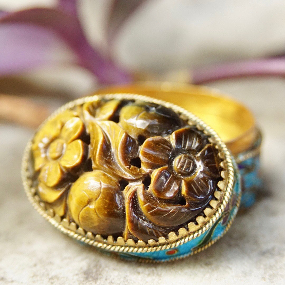 Vintage Chinese Cloisonne Carved Tigers Eye Pill Box, Ornate Floral Design, Iridescent Gemstone, Colorful Enamel, Oval Box With Lid