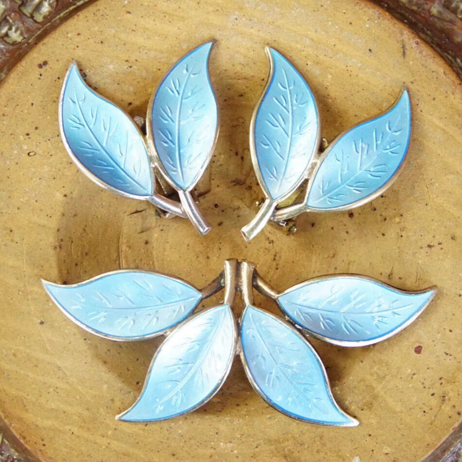 Vintage D-A Sterling Norway Enamel Clip-On Earrings & Brooch Set, Baby Blue Guilloche Enamel Leaves, Gold Tone Sterling Silver