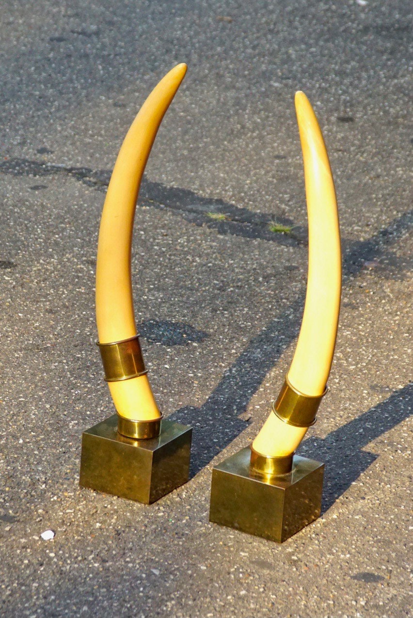Vintage Pair Of Standing Faux Tusks, Brass Banding & Base, Made By Champam 1976, Unique Home Decor, Set of Decorative White Horns, 23" Tall