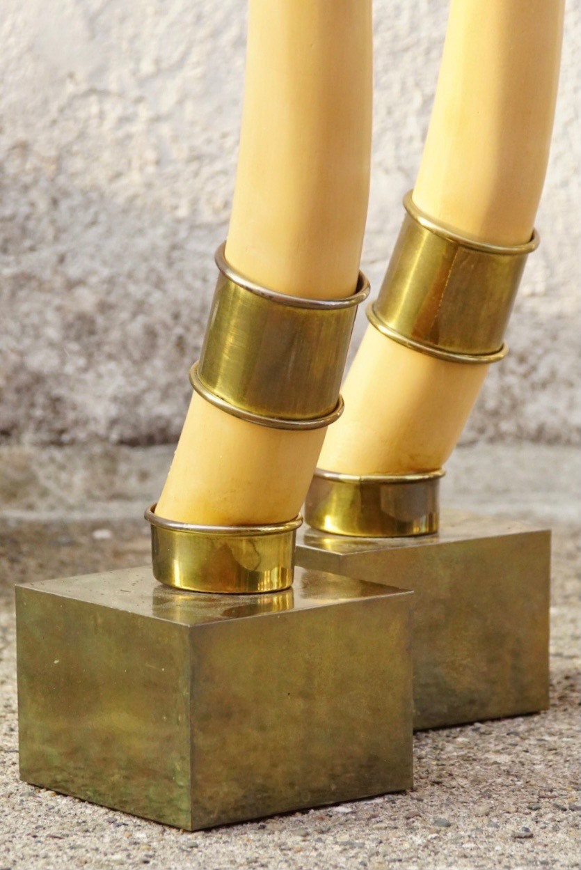 Vintage Pair Of Standing Faux Tusks, Brass Banding & Base, Made By Champam 1976, Unique Home Decor, Set of Decorative White Horns, 23" Tall