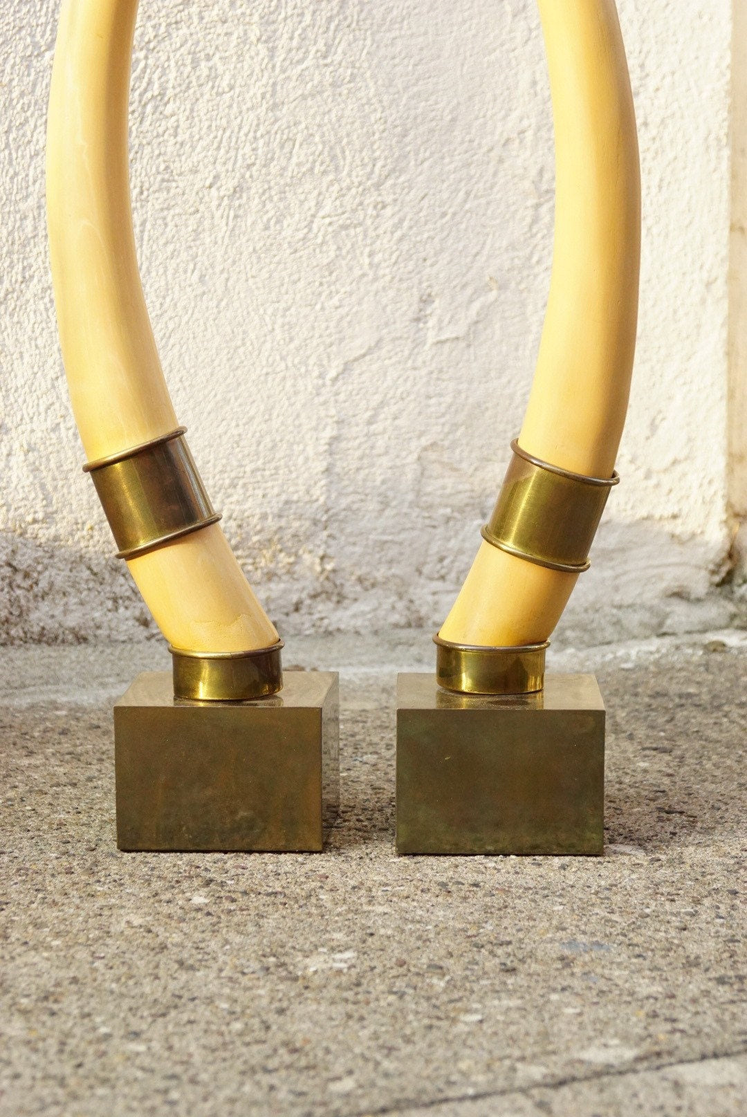 Vintage Pair Of Standing Faux Tusks, Brass Banding & Base, Made By Champam 1976, Unique Home Decor, Set of Decorative White Horns, 23" Tall