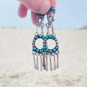 Vintage Zuni Native American Turquoise Dangle Clip On Earrings, Ornate Cut Out, Natural Blue Turquoise, Silver Tassels, Statement Earrings