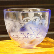 Vintage Signed Ulrica Hydman Vallien - Kosta Boda Frosted Glass Bowl, Stylistic Woman's Faces, Leaf Design, Large Clear & Blue Glass Bowl