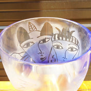 Vintage Signed Ulrica Hydman Vallien - Kosta Boda Frosted Glass Bowl, Stylistic Woman's Faces, Leaf Design, Large Clear & Blue Glass Bowl