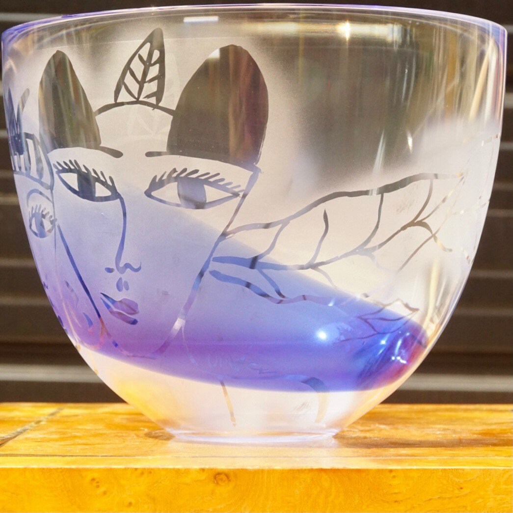 Vintage Signed Ulrica Hydman Vallien - Kosta Boda Frosted Glass Bowl, Stylistic Woman's Faces, Leaf Design, Large Clear & Blue Glass Bowl