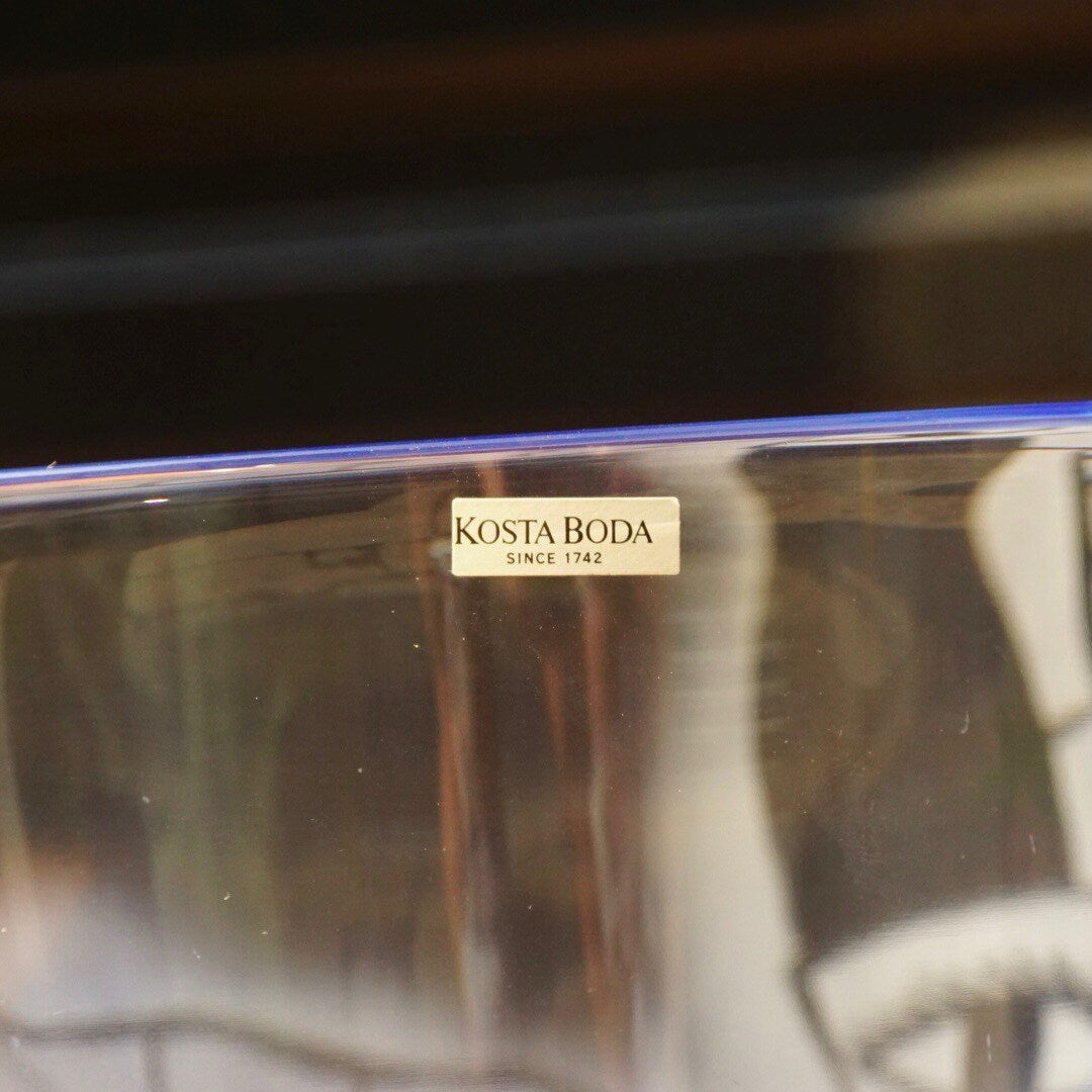 Vintage Signed Ulrica Hydman Vallien - Kosta Boda Frosted Glass Bowl, Stylistic Woman's Faces, Leaf Design, Large Clear & Blue Glass Bowl