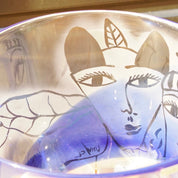 Vintage Signed Ulrica Hydman Vallien - Kosta Boda Frosted Glass Bowl, Stylistic Woman's Faces, Leaf Design, Large Clear & Blue Glass Bowl