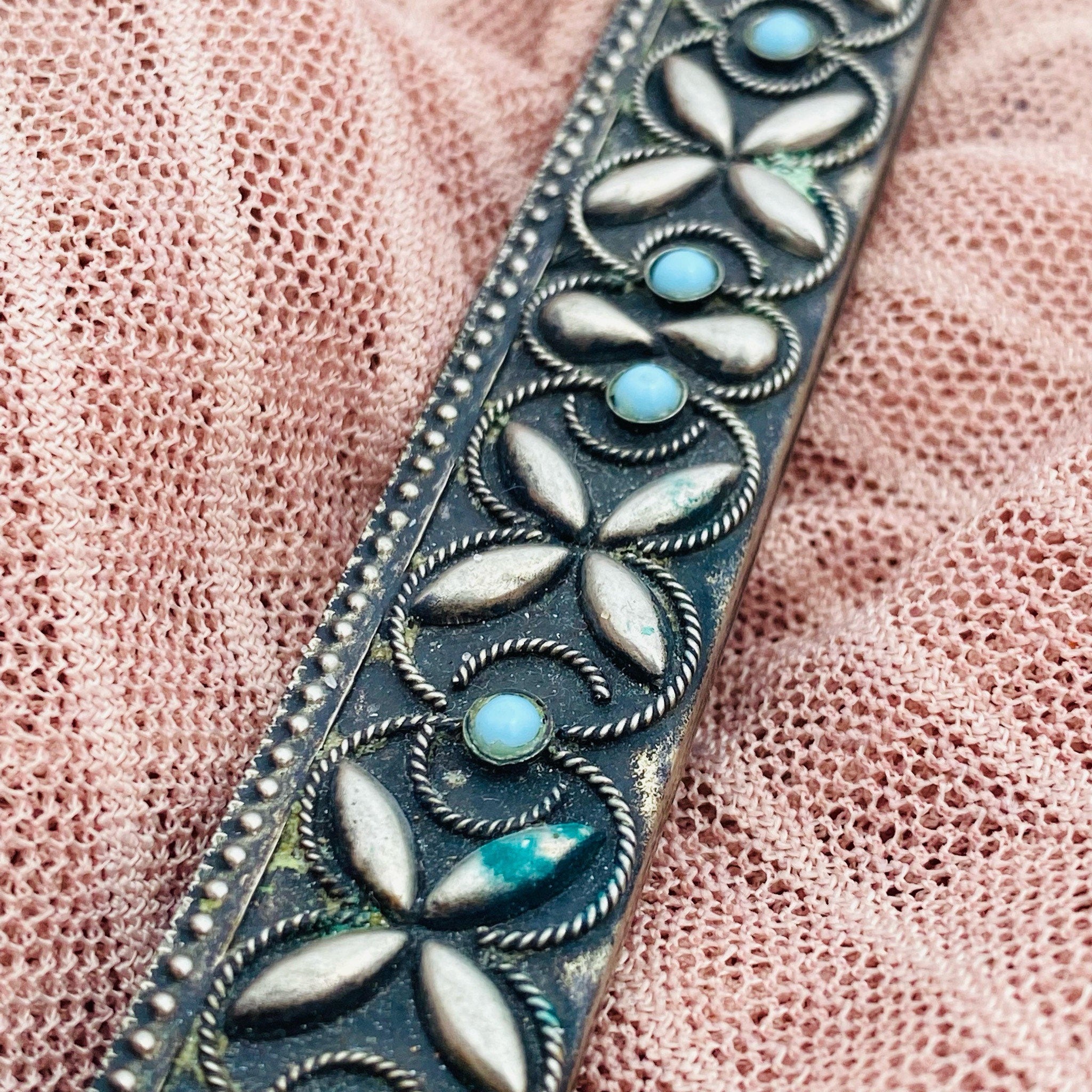 Antique Calico Comb In Silver & Turquoise Holder, Vintage Fine Tooth Comb, Ornate Silver Case With Bezel Set Turquoise Stones, Hair Compact