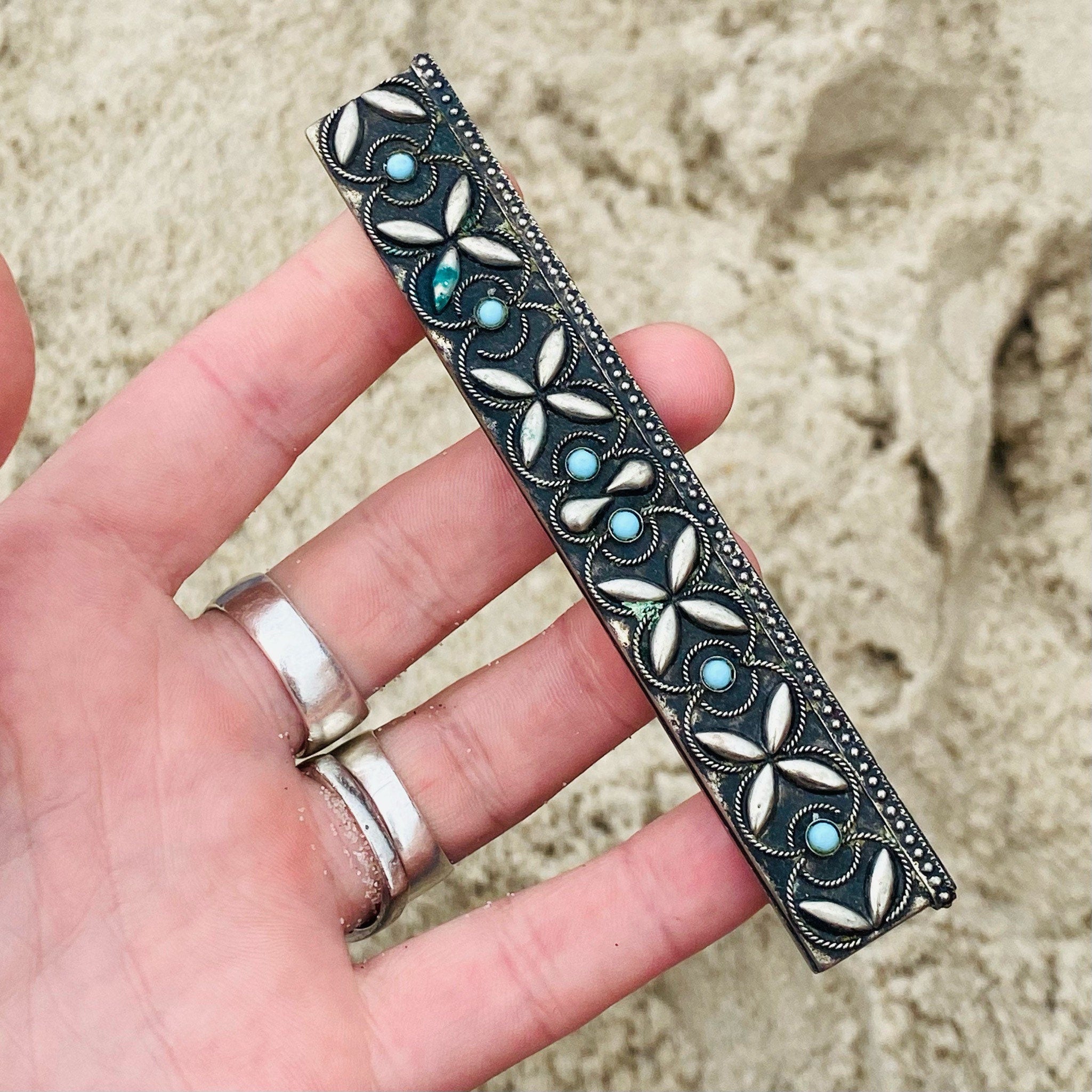 Antique Calico Comb In Silver & Turquoise Holder, Vintage Fine Tooth Comb, Ornate Silver Case With Bezel Set Turquoise Stones, Hair Compact