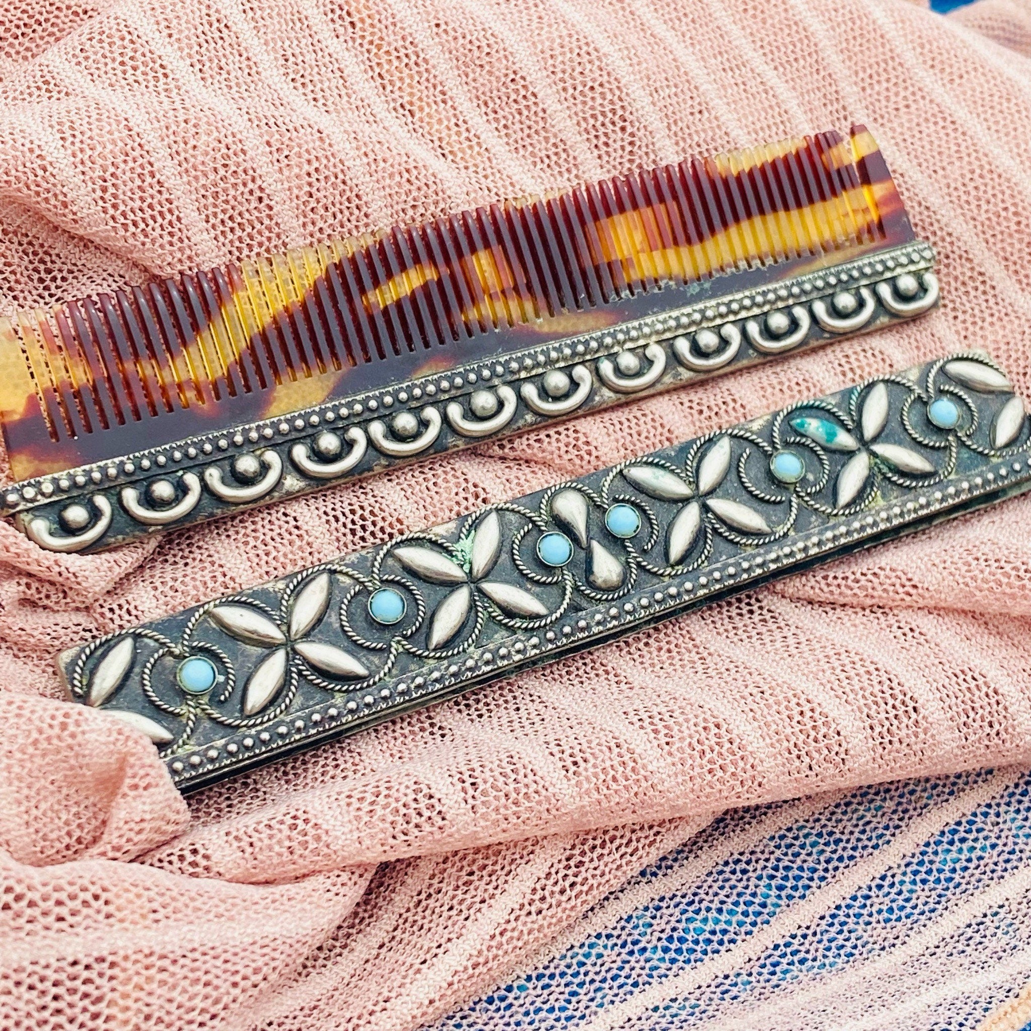 Antique Calico Comb In Silver & Turquoise Holder, Vintage Fine Tooth Comb, Ornate Silver Case With Bezel Set Turquoise Stones, Hair Compact