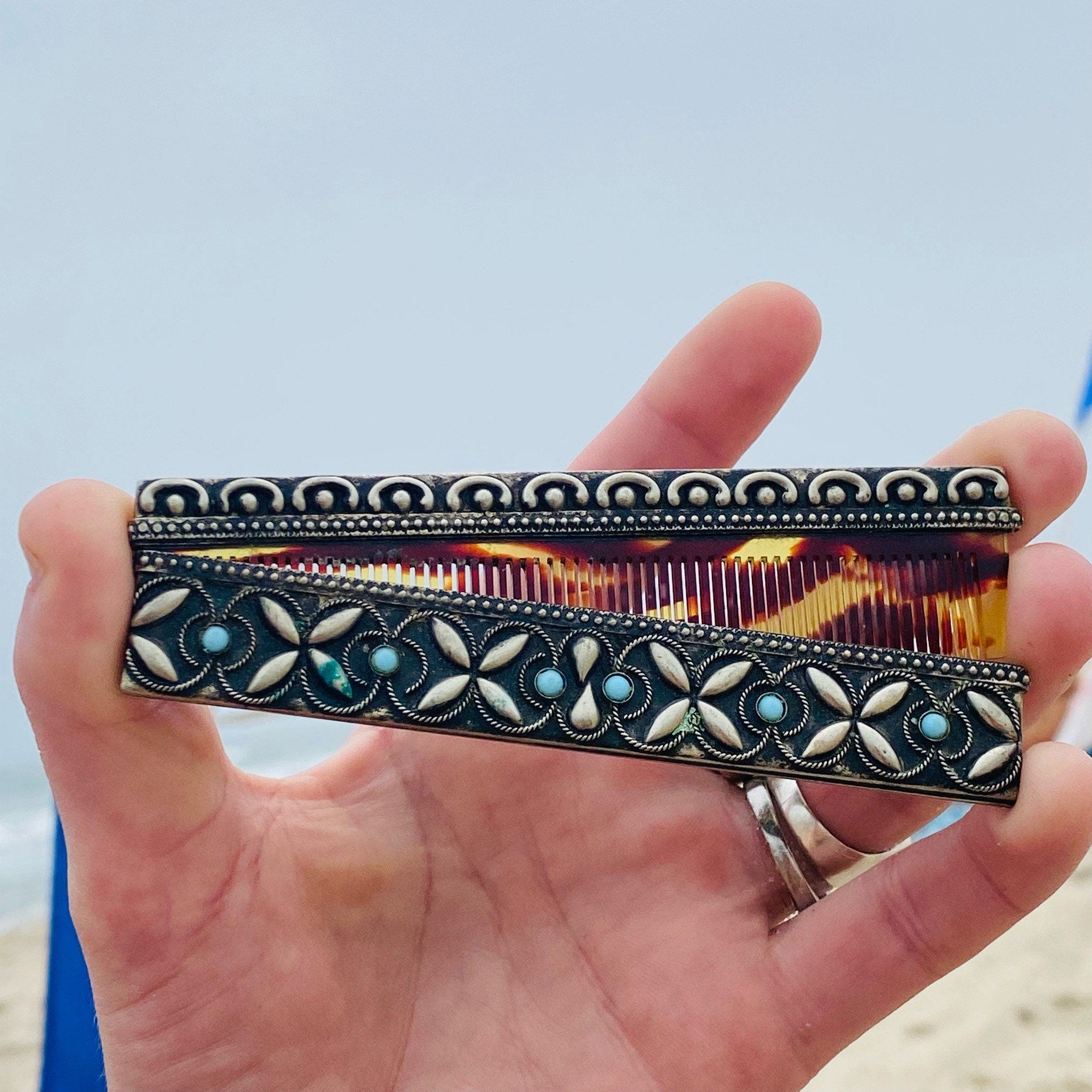 Antique Calico Comb In Silver & Turquoise Holder, Vintage Fine Tooth Comb, Ornate Silver Case With Bezel Set Turquoise Stones, Hair Compact