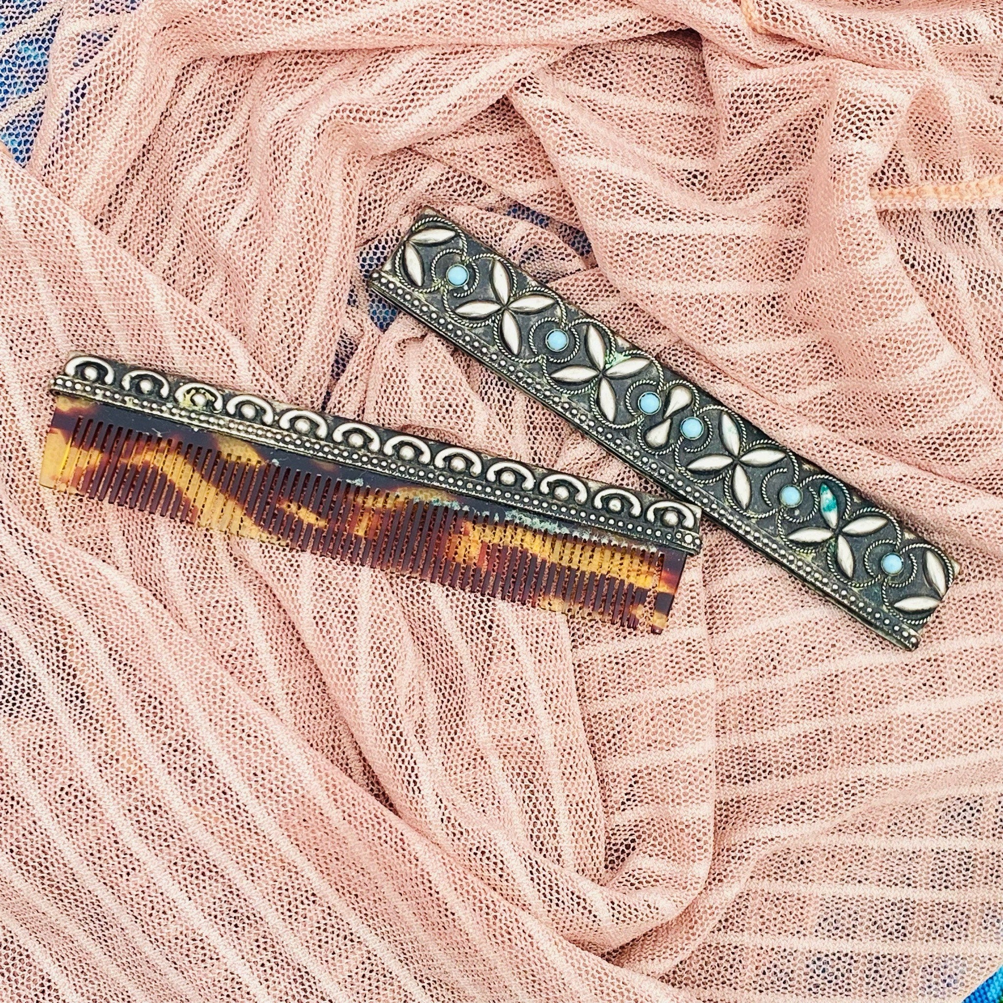 Antique Calico Comb In Silver & Turquoise Holder, Vintage Fine Tooth Comb, Ornate Silver Case With Bezel Set Turquoise Stones, Hair Compact