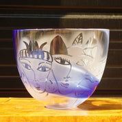 Vintage Signed Ulrica Hydman Vallien - Kosta Boda Frosted Glass Bowl, Stylistic Woman's Faces, Leaf Design, Large Clear & Blue Glass Bowl