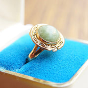 Vintage 14K Gold Jade Ring, Yellow Gold & Green Jade, Ornate Gold Setting, Marbled Gemstone, Size 7 3/4 US