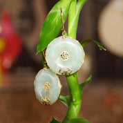 Vintage Chinese 14K Gold Jade Disc Dangle Earrings, Yellow Gold Lever Back Drop Earrings, Chinese Symbol, Marbled Green Jade, 1 1/2" Long