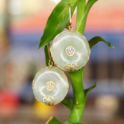 Vintage Chinese 14K Gold Jade Disc Dangle Earrings, Yellow Gold Lever Back Drop Earrings, Chinese Symbol, Marbled Green Jade, 1 1/2" Long