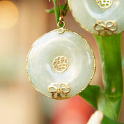 Vintage Chinese 14K Gold Jade Disc Dangle Earrings, Yellow Gold Lever Back Drop Earrings, Chinese Symbol, Marbled Green Jade, 1 1/2" Long