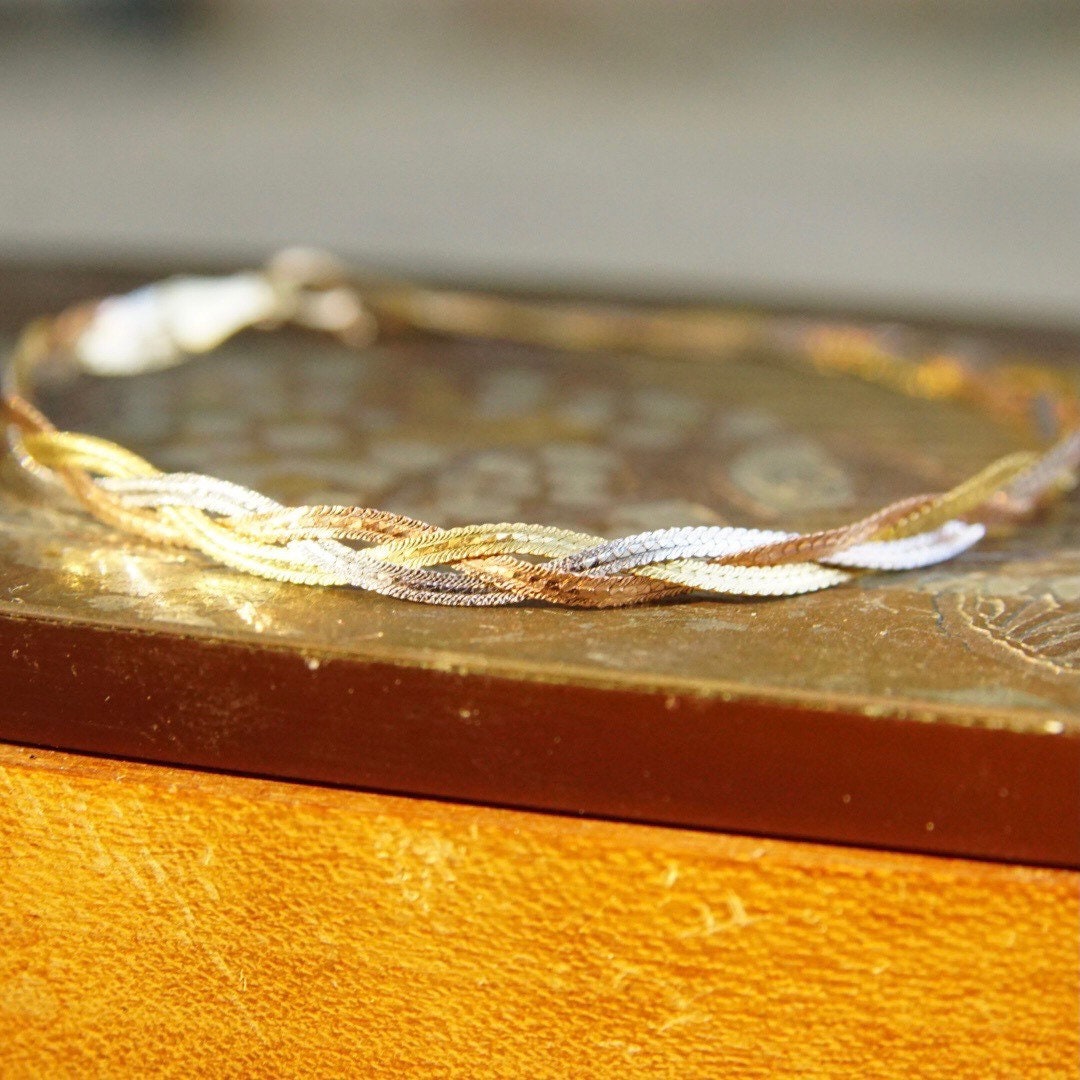 Vintage Italian 14K Gold Tri-Color Chevron Braided Herringbone Bracelet, 4mm Thick, Silver Copper & Gold Tone Chain Bracelet, 7" Long