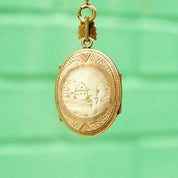 Victorian Locket Pendant Mourning Necklace, Gold Filled Locket With Garnet/Diamond, Etched Cameo Design, Thick Gold Chain, Mourning Jewelry