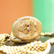 Victorian Locket Pendant Mourning Necklace, Gold Filled Locket With Garnet/Diamond, Etched Cameo Design, Thick Gold Chain, Mourning Jewelry