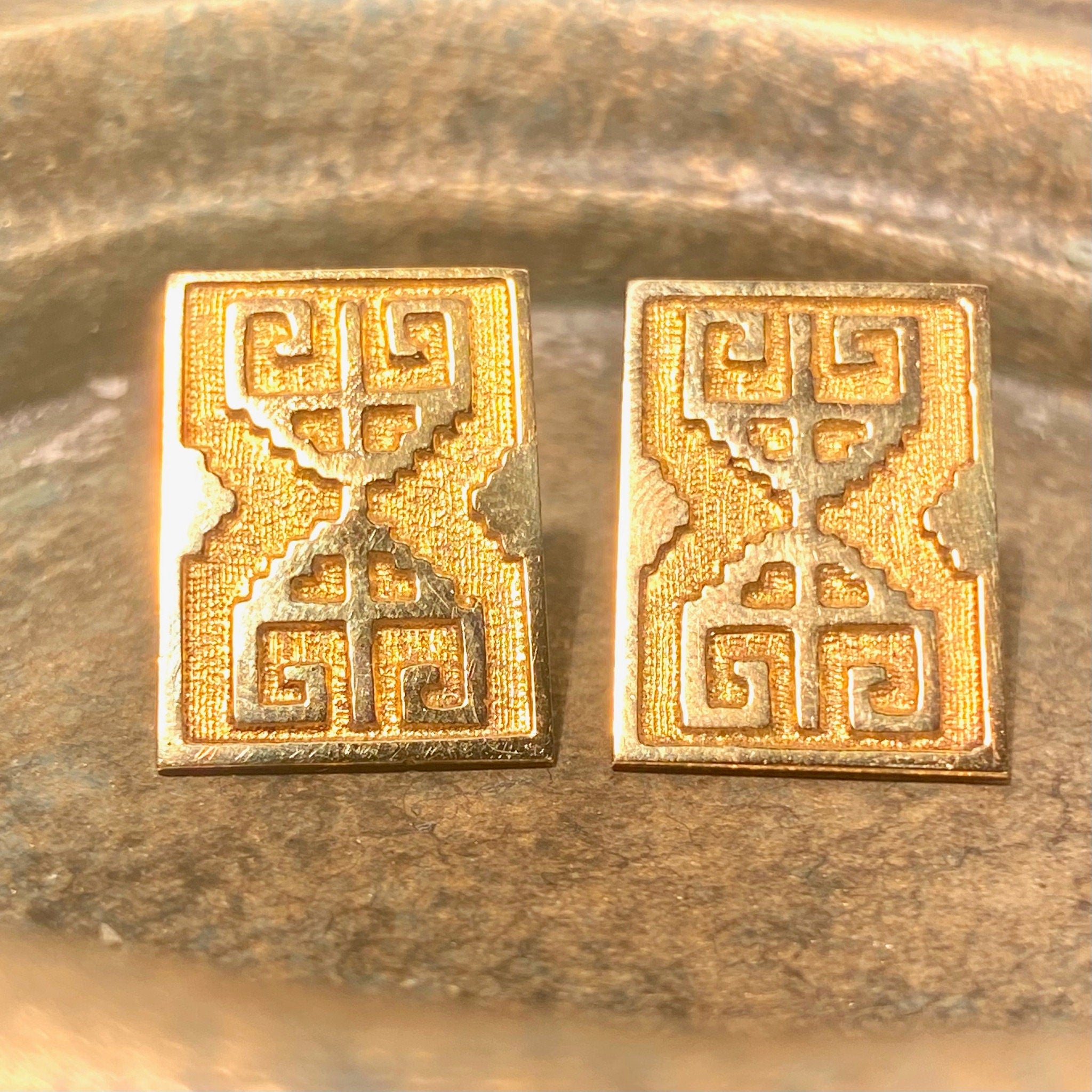 Vintage 14K Gold Earrings, Textured Gold Embossed Design, Greek Meander, Rectangular Earrings, Statement Piece, 7/8" Long