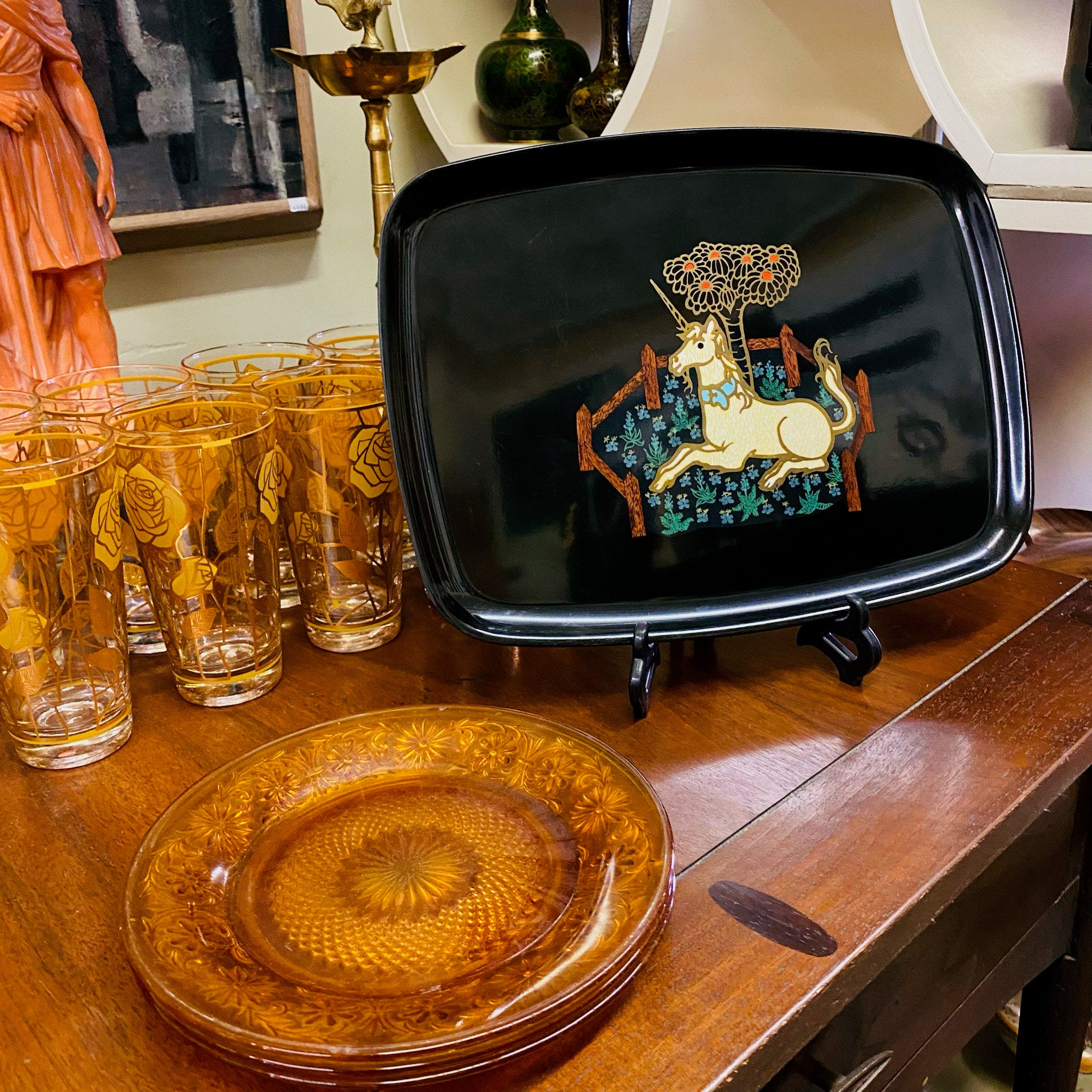 Vintage 1960s Couroc Unicorn Serving Tray, Black Plastic Lacquerware, Brass & Wood Inlay, Medieval Tapestry Design, 12.5 x 9.5