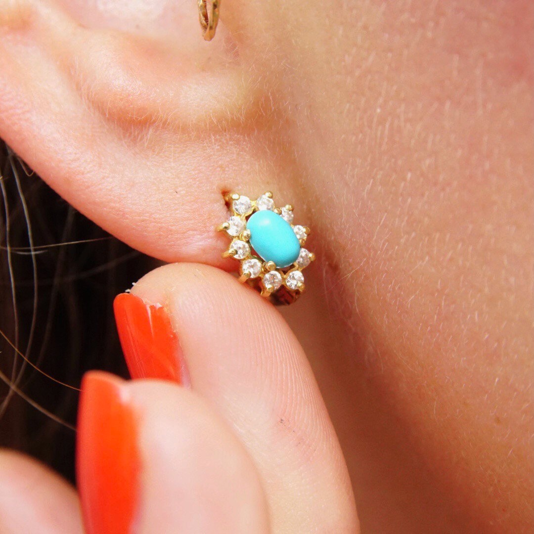 Vintage 14K Gold Turquoise & Diamond Halo Earrings, Petite Gold Lever Back Earrings, Blue Turquoise, Accent Diamonds, 585 Jewelry