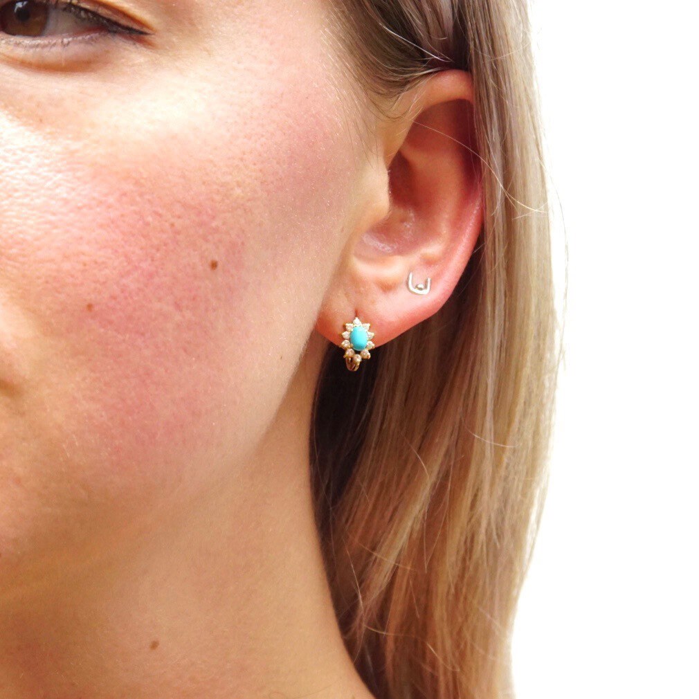 Vintage 14K Gold Turquoise & Diamond Halo Earrings, Petite Gold Lever Back Earrings, Blue Turquoise, Accent Diamonds, 585 Jewelry