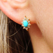 Vintage 14K Gold Turquoise & Diamond Halo Earrings, Petite Gold Lever Back Earrings, Blue Turquoise, Accent Diamonds, 585 Jewelry