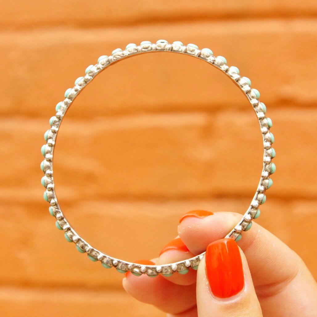 Vintage TAXCO 925 Snake Eye Turquoise Bangle, Sterling Silver, Turquoise Bead Bracelet, Hecho En Mexico, 8" Long