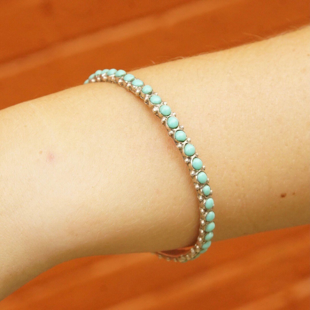 Vintage TAXCO 925 Snake Eye Turquoise Bangle, Sterling Silver, Turquoise Bead Bracelet, Hecho En Mexico, 8" Long