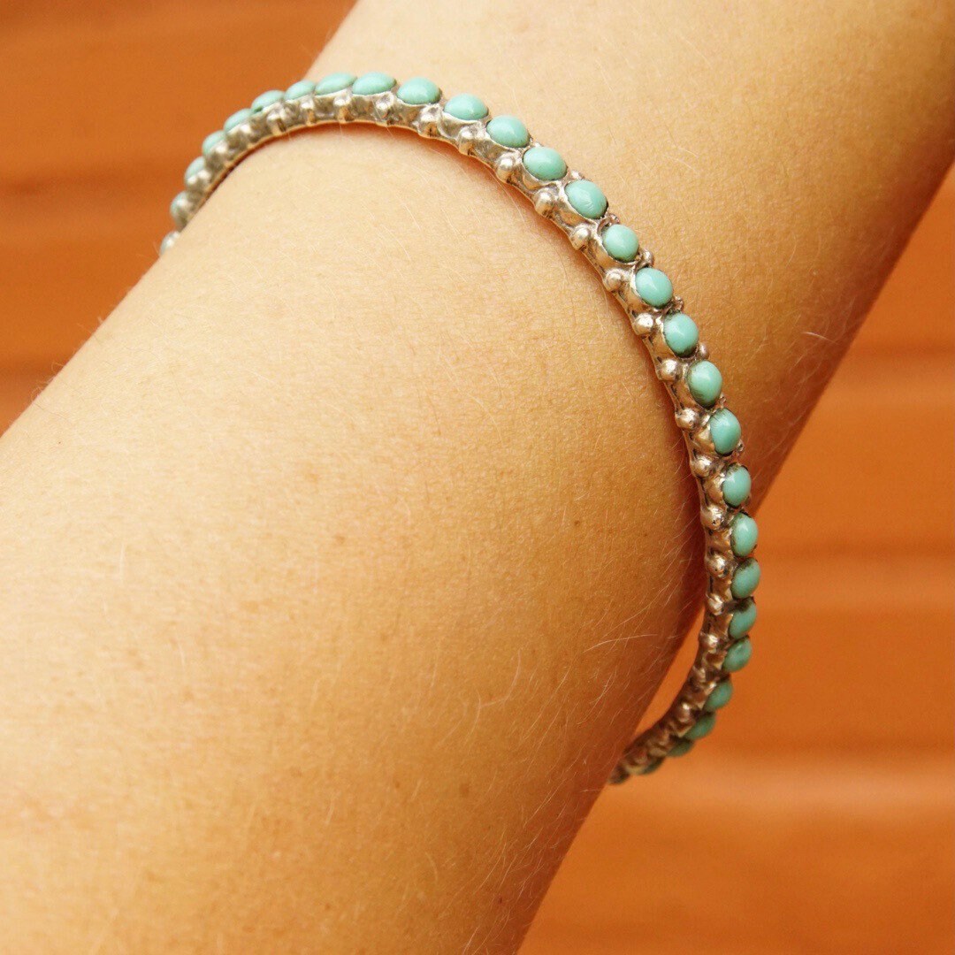 Vintage TAXCO 925 Snake Eye Turquoise Bangle, Sterling Silver, Turquoise Bead Bracelet, Hecho En Mexico, 8" Long