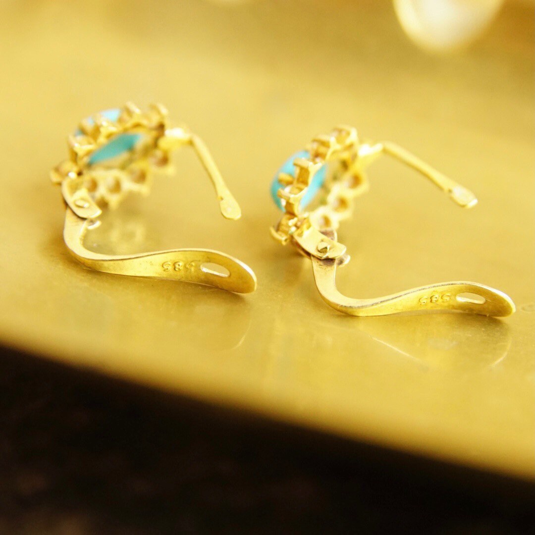 Vintage 14K Gold Turquoise & Diamond Halo Earrings, Petite Gold Lever Back Earrings, Blue Turquoise, Accent Diamonds, 585 Jewelry