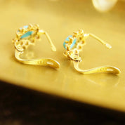 Vintage 14K Gold Turquoise & Diamond Halo Earrings, Petite Gold Lever Back Earrings, Blue Turquoise, Accent Diamonds, 585 Jewelry