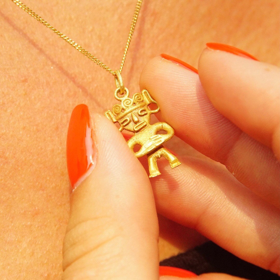 Vintage Italian 14K & 18K Gold Pendant Necklace, 14K Yellow Gold Cable Chain 1mm, 18K Yellow Gold Figure Pendant, Tribal/Symbolic, 17" Long