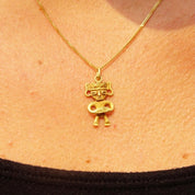 Vintage Italian 14K & 18K Gold Pendant Necklace, 14K Yellow Gold Cable Chain 1mm, 18K Yellow Gold Figure Pendant, Tribal/Symbolic, 17" Long