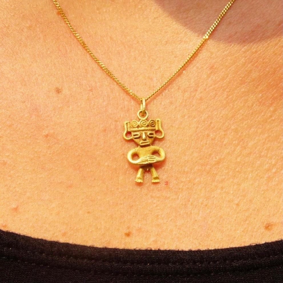 Vintage Italian 14K & 18K Gold Pendant Necklace, 14K Yellow Gold Cable Chain 1mm, 18K Yellow Gold Figure Pendant, Tribal/Symbolic, 17" Long