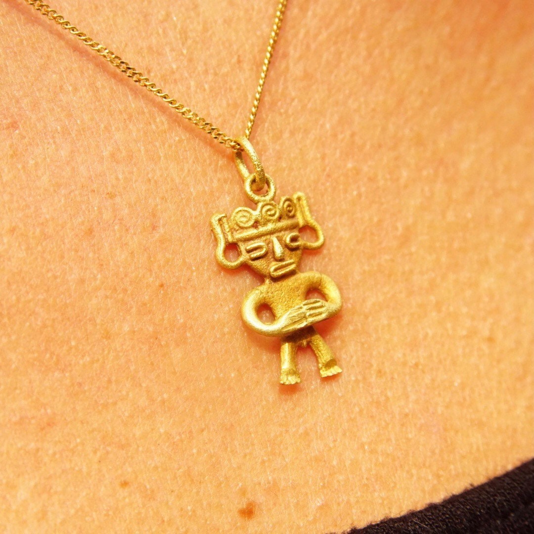 Vintage Italian 14K & 18K Gold Pendant Necklace, 14K Yellow Gold Cable Chain 1mm, 18K Yellow Gold Figure Pendant, Tribal/Symbolic, 17" Long