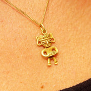 Vintage Italian 14K & 18K Gold Pendant Necklace, 14K Yellow Gold Cable Chain 1mm, 18K Yellow Gold Figure Pendant, Tribal/Symbolic, 17" Long