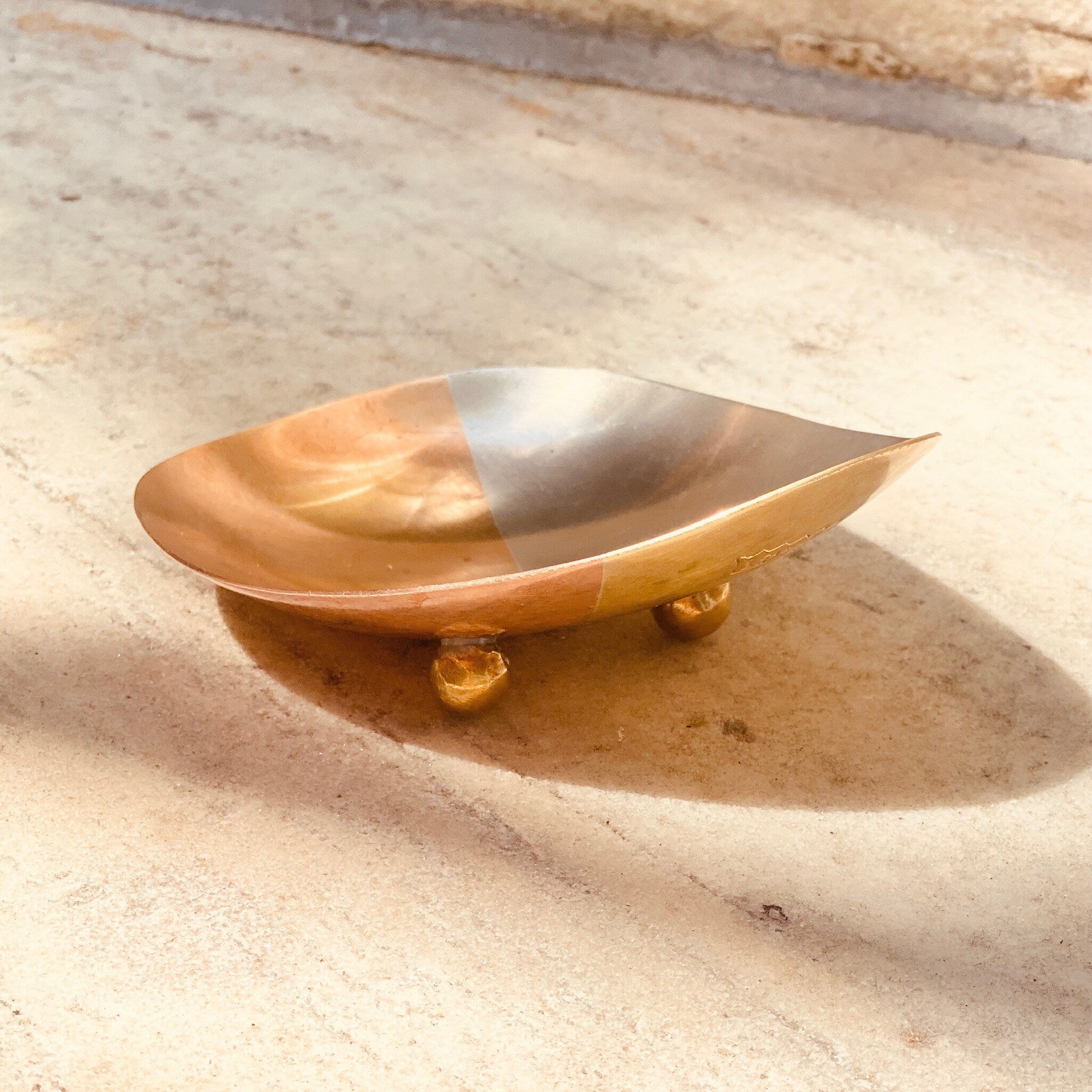 Vintage E. Cabello Mixed Metals Brass Copper Silver Footed Dish, Modernist Catchall, Small Oblong Multi-Color Bowl, C.A Mexico, 5.5" L